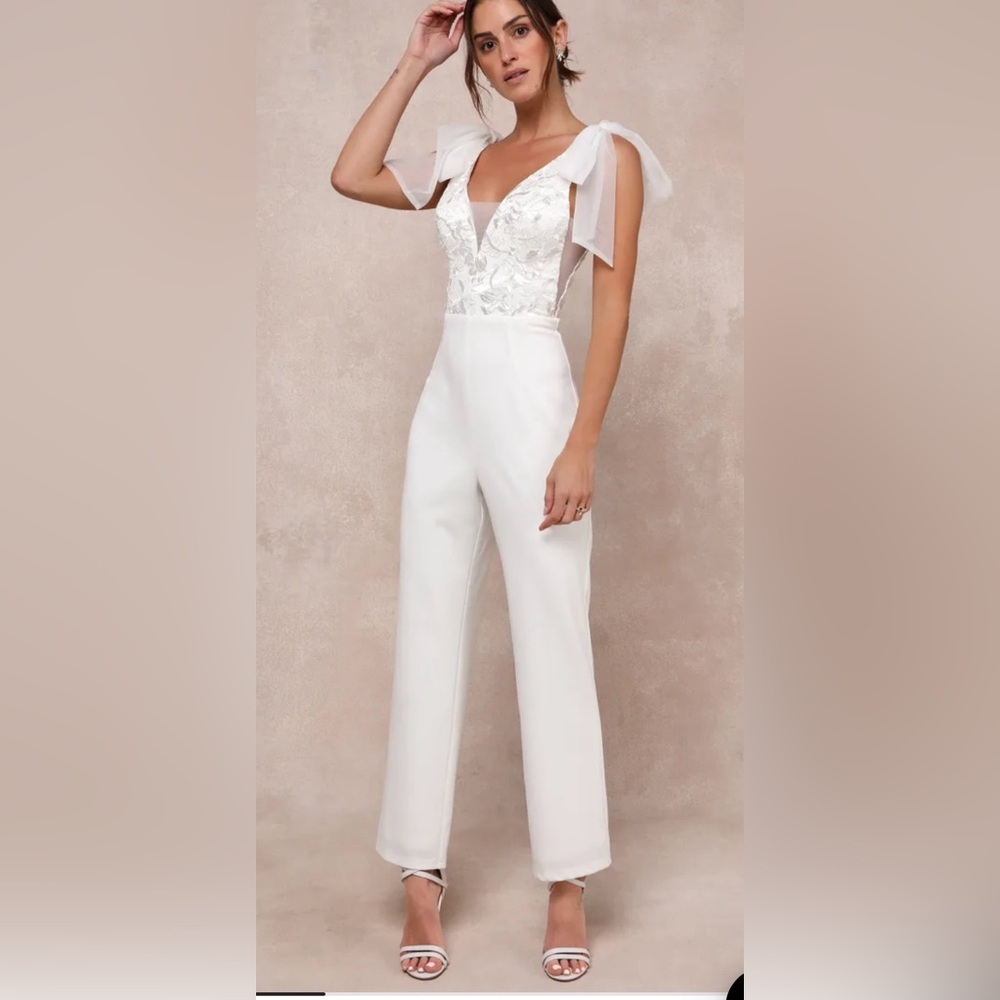 Lulus Dignified Beauty White Mesh Embroidered Tie-Strap Jumpsuit.